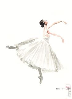 a watercolor painting of a ballerina in white