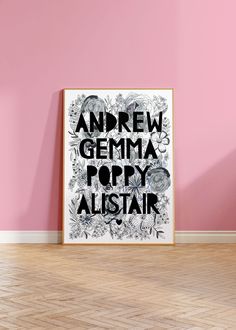 a pink wall with a black and white poster on it that says, andrew germa poppy allstar