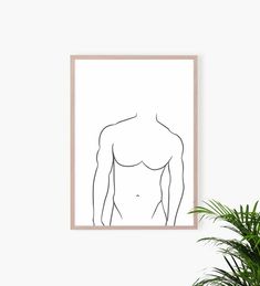 a black and white drawing of a man's torso on a wall next to a potted plant