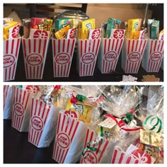 two pictures side by side with popcorn bags and candy