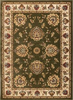 a green rug with an ornate design on the center and bottom, surrounded by flowers