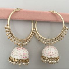 Jhumka Earrings Hoops For Girls Or Women. Nwot White Jhumka Earrings, Elegant White Meenakari Jhumkas, White Jewelry With Latkans For Celebration, Celebration White Jewelry With Latkans, White Chandbali Hoop Earrings For Celebration, White Hoop Earrings For Celebration, White Meenakari Dangle Bridal Earrings, Elegant White Jhumkas For Festivals, Festive White Wedding Earrings