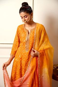 Shop for Loka by Veerali Raveshia Orange Banarasi Kurta Sharara Set for Women Online at Aza Fashions Crushed Sharara, Coloured Mirror, Contrast Dupatta, Kurta Sharara Set, Kurta Sharara, Summer Orange, Kurti Neck, Kurti Neck Designs, Sharara Set