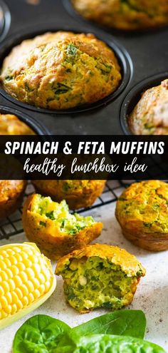 spinach and feta muffins with corn on the cob next to them