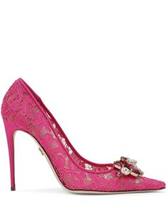 hot pink guipure lace brooch detail crystal embellishment pointed toe slip-on style branded insole 90mm stiletto heel leather sole Rainbow Laces, Lace Pumps, Pink Pumps, Guipure Lace, Gold Letters, Ankle Straps, High Heel Boots, Stiletto Heel, Pump Shoes