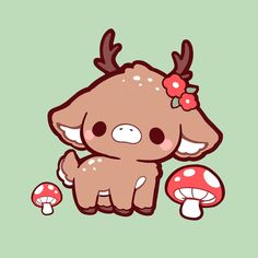 an animal with antlers on its head sitting next to a mushroom