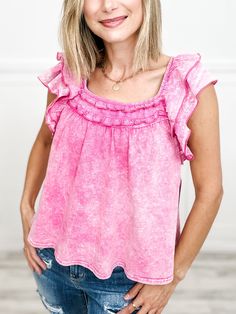 Introducing our Ruffled Washed Knit Sleeveless Top—perfect for adding a touch of playful charm to any outfit! Made from soft, washed knit fabric, this top features darling ruffles and a sleeveless design. It's a must-have for those who don't take themselves too seriously. Fabric content: 100% Rayon Cute Ruffle Sleeve Top With Ruffle Hem, Chic Cotton Tops With Ruffled Straps, Cotton Tops With Ruffled Straps For Day Out, Cute Spring Tops With Ruffle Hem, Pink Washed Top For Spring, Spring Pink Washed Tops, Pink Ruffled Straps Tank Top, Chic Pink Ruffled Tank Top, Spring Pink Washed Top