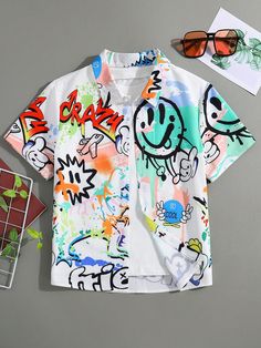 Multicolor Casual,Street Collar Short Sleeve Polyester Cartoon,Letter Shirt Embellished Non-Stretch  Tween Boys Clothing Boy Letter, Letter Shirt, Shein Kids, Cartoon Letters, Graffiti Prints, Boys Clothing, Boys Shirts, Printed Shorts, Boy's Clothing