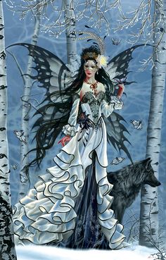 a painting of a woman and a wolf in the woods with snow on their wings