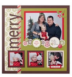 a christmas card with three photos and the words merry on it, in front of an image of a family