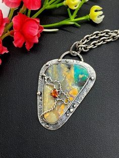 "Australian Opal gemstone pendant in sterling silver Hand-made Sterling Silver 925 Stones used: Australian Boulder Opal, Yellow Sapphire Height - 1 3/4\" (with bail), Width - 1 1/4\" Unique Handcrafted One-of a-kind Design Pendant Each Piece of Jewelry in my Collection is Absolutely One of a Kind! When you start wearing a piece of my jewelry you will fall in love with it more and more each day and feel that good Energy and Love that I pass into it while creating this piece of Art. A piece of Art Artistic Sterling Silver Jewelry With Gemstones, Artistic Silver Gemstone Jewelry, Yellow Sapphire Pendant, Unique Opal, Boulder Opal Pendant, Jewelry Design Inspiration, Australian Boulder Opal, Neck Jewellery, Sapphire Pendant