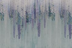 an artistic painting with purple and white flowers on the side of a green wallpaper