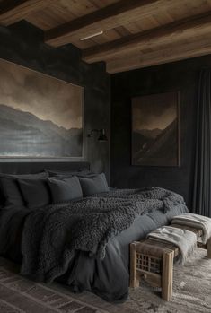 Cozy rustic bedroom with rawhide or sheepskin throws for extra comfort Dark And Moody Bedroom, Moody Bedroom Ideas, Modern Rustic Bedrooms, Neutral Bedrooms, Moody Bedroom, Dark Bedroom, Dark Home Decor, Dekorasi Kamar Tidur, Dark Home