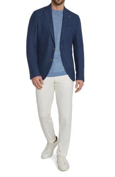 Constructed from a soft, wool-blend knit, this sport coat styled in a mottled blue features a relaxed profile that's ideal for elevating any casual look. 29 1/2" length (size 40R) Notched lapels Nonfunctional four-button cuffs Side vents Chest welt pocket; front patch pockets Partially lined 48% wool, 33% linen, 15% cotton, 2% silk, 2% elastane Dry clean Made in Canada Casual Tweed Jacket For Business Casual In Winter, Casual Wool Cardigan For Business, Blue Fall Sport Coat For Business Casual, Casual Wool Tweed Jacket For Business, Casual Wool Tweed Jacket For Business Casual, Blue Sport Coat With Welt Pockets For Fall, Classic Merino Wool Outerwear For Spring, Casual Wool Sport Coat For Business, Casual Cotton Tweed Jacket