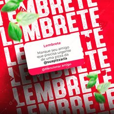 a red and white business card with green leaves on the front, surrounded by letters