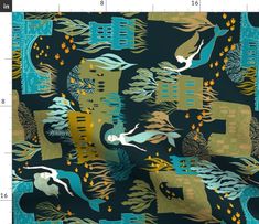 an image of a blue and green fabric with birds in the sky on it,