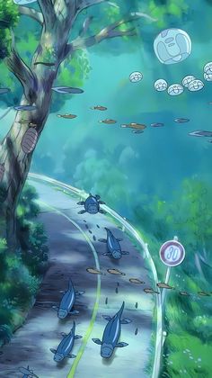 an anime scene with many blue birds flying over the road and trees in the background