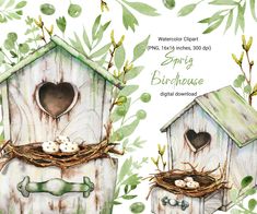 watercolor clipart birdhouse with eggs and bones on the outside, painted by hand