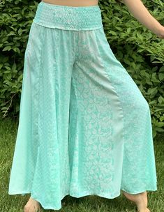 Soft, elegant sari wide leg pants. These lightweight, flowy pants are so comfortable! Stretchy, smocked waist. S/M = sizes up to 4, 38" long, M/L = sizes 6-8, 39" long, L/XL sold out Sari Pants, Flowy Pants, Robins Egg, Robins, Aqua Blue, Leg Pants, Dream Closet, Lace Skirt, Wide Leg Pants