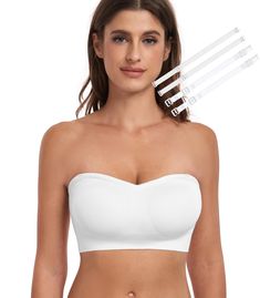 PRICES MAY VARY. NON-SLIP STRAPLESS BRA WITH SILICONE: The strapless bra NON-SLIP SILICONE is placed on the top and hem of the cups to help it stay in place all day long. Comes with a pair of adjustable, removable clear bra straps, so it can also be traditional wear. COMFORTABILITY YOU CAN COUNT ON: Next-level strapless bra for women with buttery-soft fabric uses the newest 4-way stretch. Just fits like your second skin. Wireless design and smoothing beauty back bring more comfort and enjoy wear Clear Bra Straps, Clear Strap Bra, Multiway Bra, Clear Bra, Bra For Women, Off Shoulder Gown, Padded Bralette, White Bralette, Cute Bras