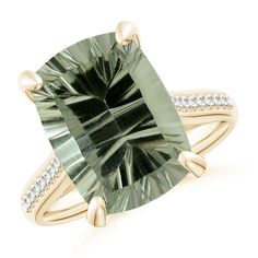 GIA Certified Rectangular Cushion Green Amethyst Ring with Diamonds Rectangular Amethyst Ring With Accent Stones, Rectangular Cushion, Green Amethyst Ring, Green Amethyst, Amethyst Ring, 18k Gold, Amethyst, Diamonds, Yellow Gold