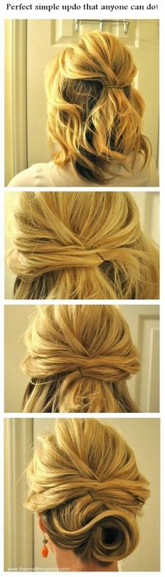 ok..looks simple...must try Updo Hairstyles Tutorials, Simple Updo, Hair Tutorials Easy, Popular Haircuts, Hair Wedding, Long Blonde, Short Hair Updo, Hair Tutorials