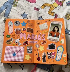 an open children's book with pictures and stickers on the pages that read, marias