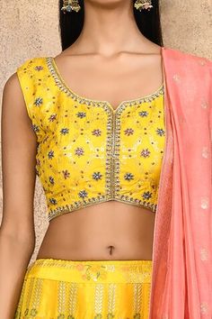 Yellow brocade silk lehenga with an attached cancan and floral pattern. Comes with a padded blouse and a pink dupatta. - Aza Fashions Silk Lehenga With Pallu, Bollywood Lehenga With Motifs, Designer Yellow Sets With Motifs, Resham Embroidery Lehenga Sleeveless, Semi-stitched Sharara With Motifs, Designer Wear Lehenga With Motifs, Sleeveless Lehenga With Cutdana For Festivals, Yellow Sleeveless Choli With Pallu, Designer Yellow Choli With Motifs