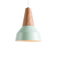 a wooden light hanging from a ceiling fixture with a green and white shade on it