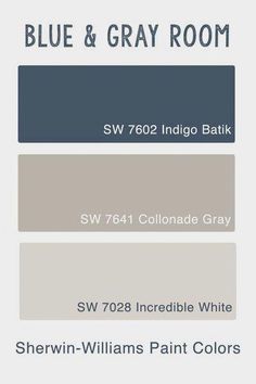 blue and gray paint colors with the words sw 7602 indigo bath