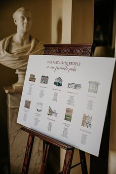 a white sign sitting on top of a wooden easel in front of a statue