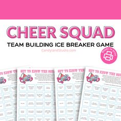 the printable game for cheer squad team building ice breaker game is shown in pink and blue