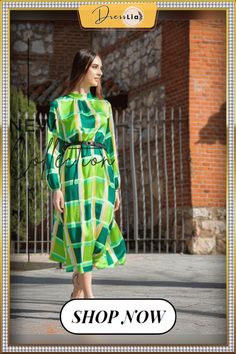 Casual and Loose Print A-line Dress with Waist Reduction Green A-line Midi Dress, Spring Green A-line Midi Dress, Green A-line Midi Dress For Spring, Green A-line Midi Dress, Fit And Flare, Green A-line Midi Dress With Fit And Flare, Green A-line Fit And Flare Midi Dress, Green A-line Midi Dress For Fall, Green Fit And Flare A-line Midi Dress, Green A-line Midi Dress For Work