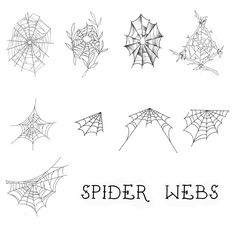 spider webs are drawn in black and white on a sheet of paper with the words spider webbs