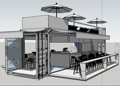 a drawing of a small bar with umbrellas over it's roof and two people standing in the background