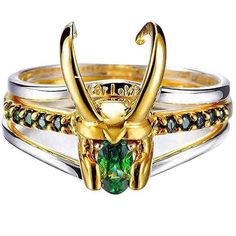 Loki 3 Pc Ring Brand New Metal Colors : Silver Gold Green The Bottom Has A Green Faux Rhinestone Jewel Gem Crystal Bling The Middle Has The Gold Loki Horns Top Ring Is Engraved In Black “ For Loki “ Sizes Available 5 6 7 8 9 10 11 12 Loki Ring, Superhero Helmet, Thor Ring, Loki Helmet, Helmet Ring, Marvel Gifts, Thor Loki, Cosplay Jewelry, Fan Jewelry