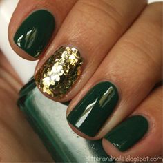 one gold glitter nail for the holidays Slytherin Nails, St Patricks Day Nails, Gold Glitter Nails, Glam And Glitter, Gold Nails, Stiletto Nails, Green Nails, Holiday Nails, Nail Lacquer