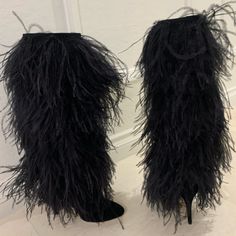 Brother Vellies Palms Feather Shaft Boot Size 8 Retail $2750 Every Step Sets The Feathers Aswirl On This Italian-Crafted Knee-High Boot That's No Mere Flight Of Fancy. 4" (102mm) Heel; 1/2" Platform 16" Shaft; 15" Calf Circumference Pull-On Style Leather And Feather Upper/Leather Lining And Sole Made In Italy Floor Model In Like New Condition. There Is No Dust Bag Or Box Vellies Shoes, Brother Vellies, Ostrich Feathers, Fur Boots, High Heels Stilettos, High Heel Boots, Custom Shoes, Sock Shoes, Shoes Heels Boots