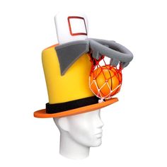 a white mannequin head wearing a hat with basketballs and net on it