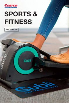 a woman is riding an exercise bike with the words, sports & fitness shop now