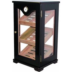 a wooden wine rack with glass doors on the front and bottom shelves in black finish