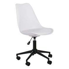 a white office chair with black wheels on an isolated white background, viewed from the front