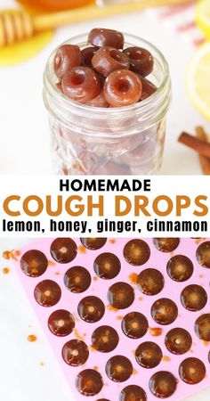 homemade cough drops with lemon, honey, ginger and cinnamon in a glass jar on a table