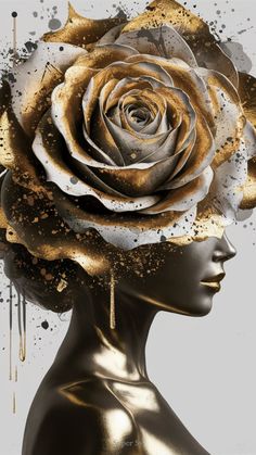 a woman's head with gold paint and a rose on it