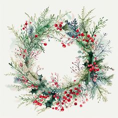 a watercolor christmas wreath with holly and berries