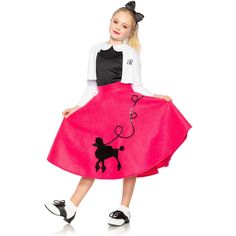 Transport your child back to the fabulous 50's with our charming 50's Poodle Girl Child Costume, a delightful ensemble that captures the essence of retro style and nostalgia. The centerpiece of this outfit is a vibrant hot pink poodle skirt adorned with a striking black poodle silhouette, reminiscent of classic sock hops and soda fountains. Paired elegantly with a black shirt featuring a darling white peter pan collar, the ensemble exudes timeless elegance and youthful exuberance. To keep warm d Kids Poodle Skirt, Kids 50s Costume, Poodle Skirt 50s, Girls Poodle Skirt, 50s Style Outfits, Poodle Silhouette, 50s Costume, White Cropped Sweater, Seeing Red