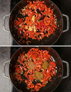 two pictures showing the process of cooking peppers in a skillet with spices and seasonings