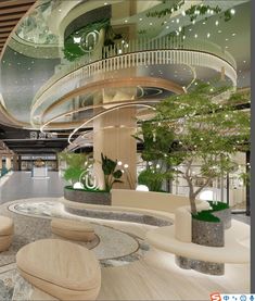 an artistic rendering of a lobby with circular seating and trees in the center is shown