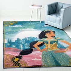 a rug with an image of a woman in a blue dress on the floor next to a chair