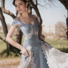 Olivia Mark - Luxurious Gray-Blue Lace Dress with Floral Collar and Bow Detail, Fit for a Princess Vintage Corset Dress, Grayish Blue, Cottagecore Dress, Korean Fashion Dress, Grad Dresses, Lace Blue Dress, Fairy Dress, Blue Outfit, Chiffon Lace